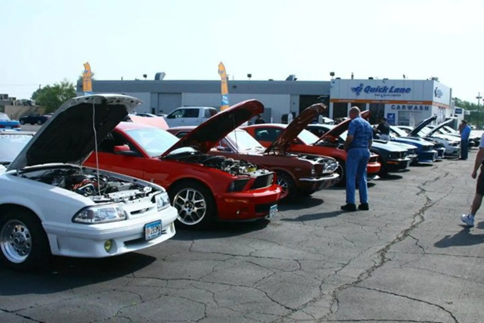 Car show with open hoods