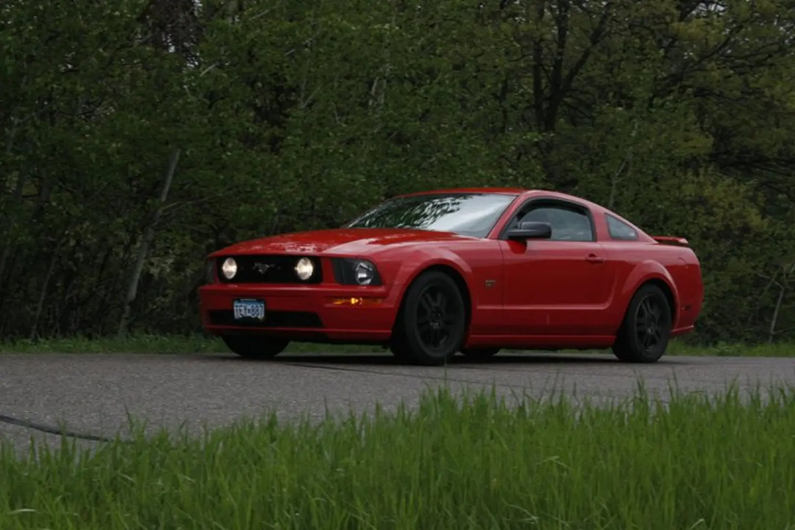 Red sports car on a forest road.