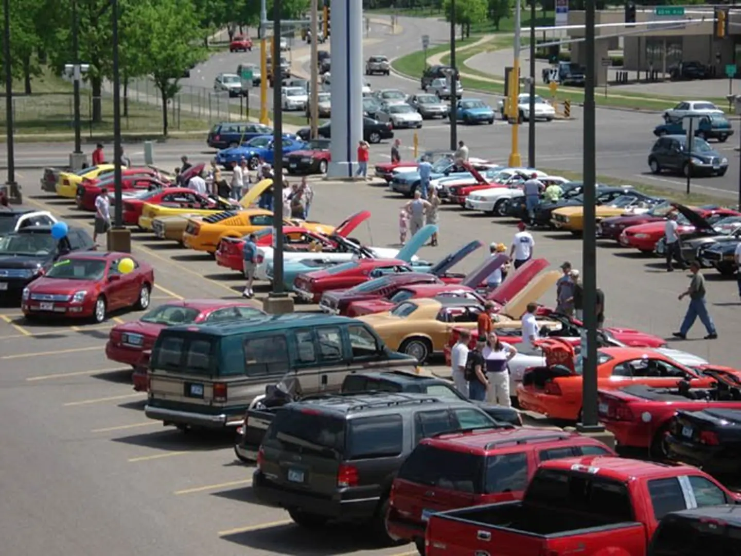 People admiring parked sports cars