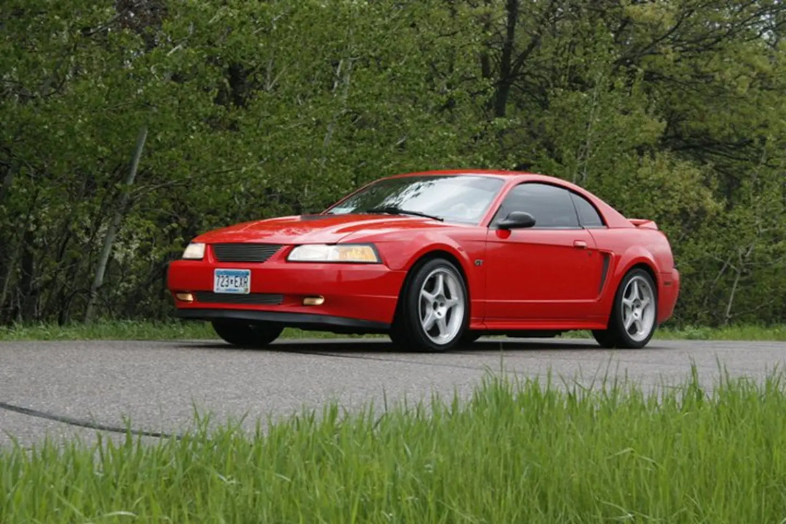 Bright red car with lush greenery