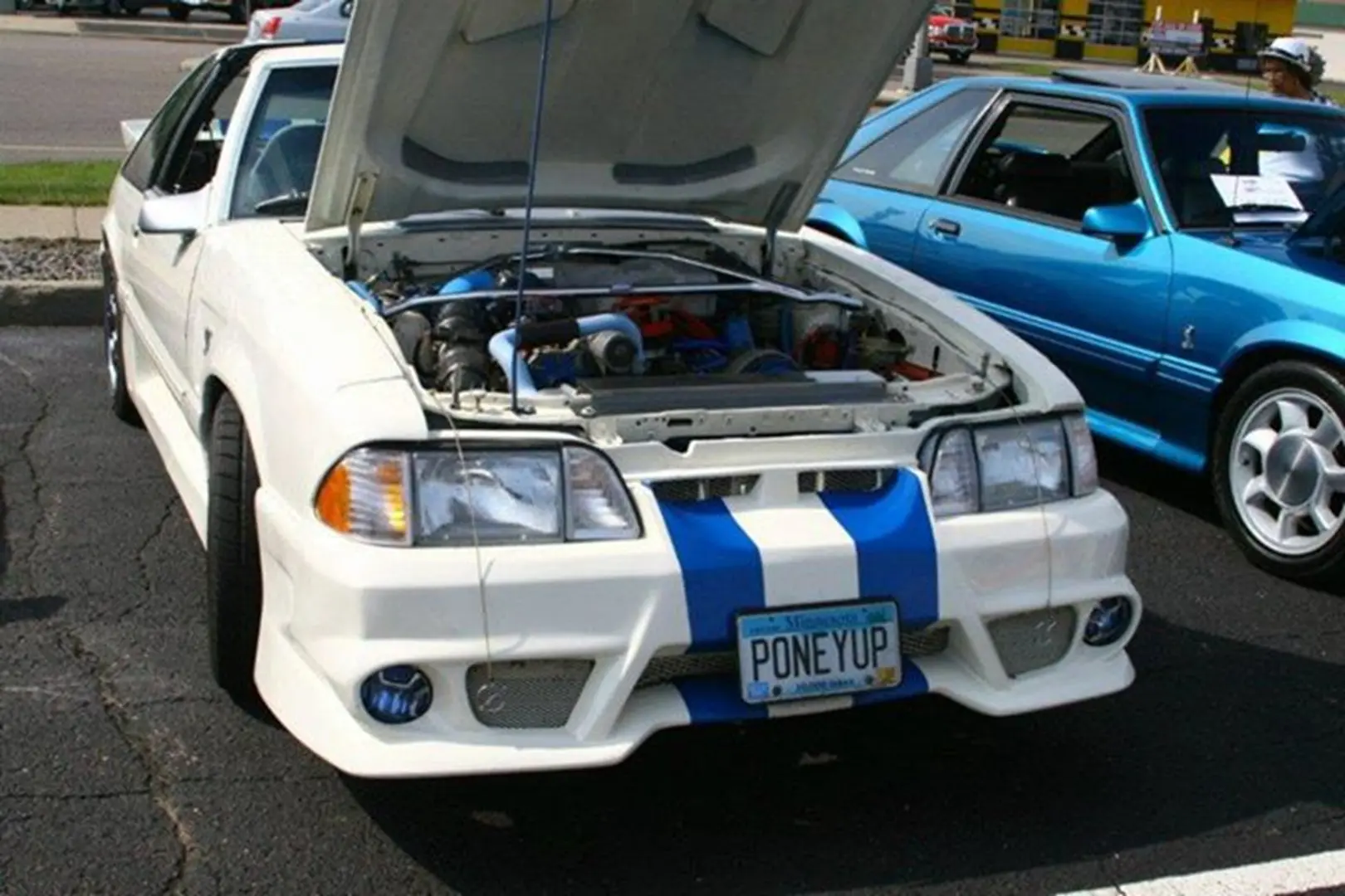 Customized car with blue stripes
