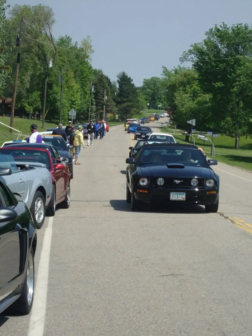 Cars lined up on a sunny road
