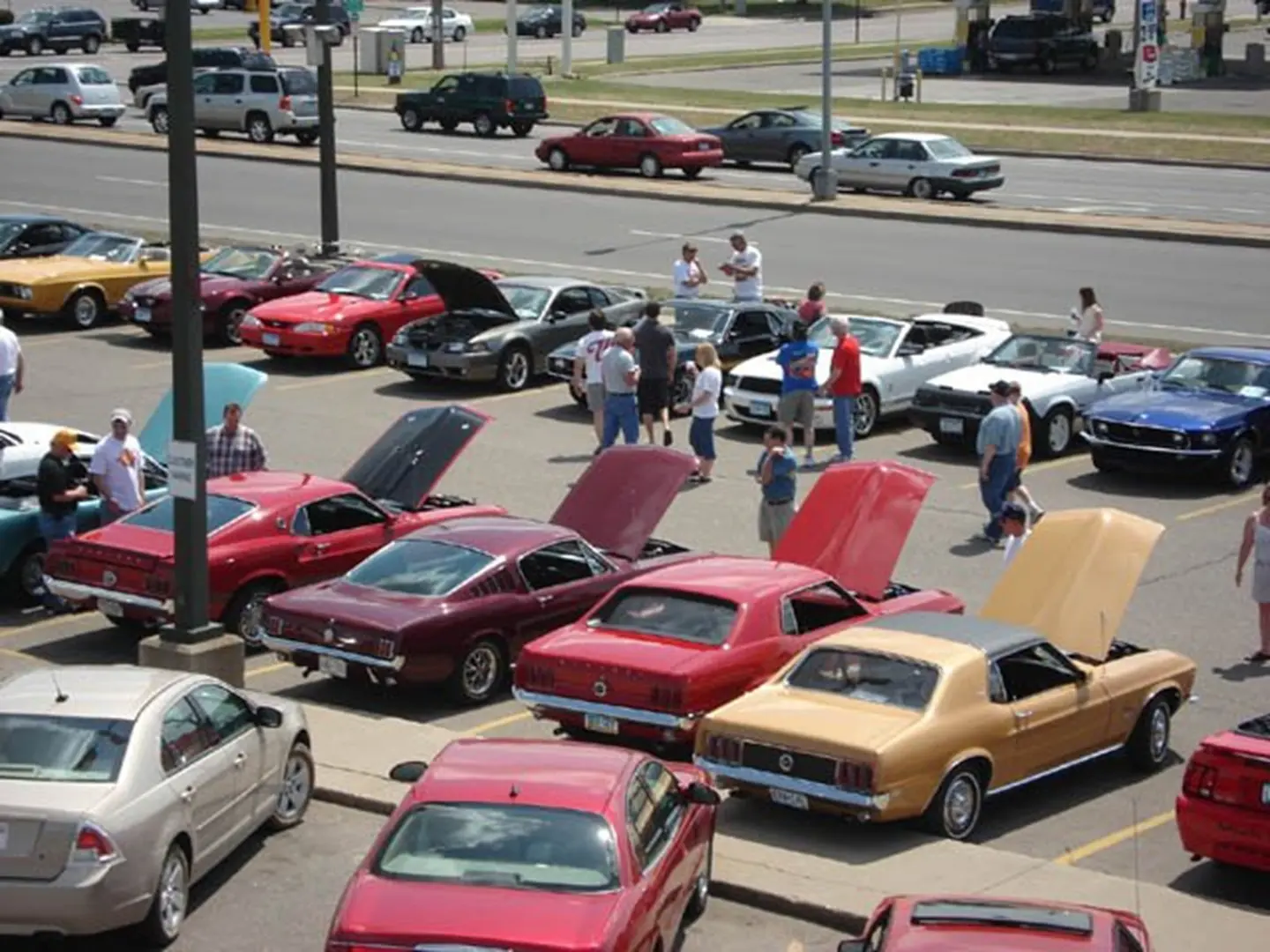Enthusiasts gathered around classic vehicles