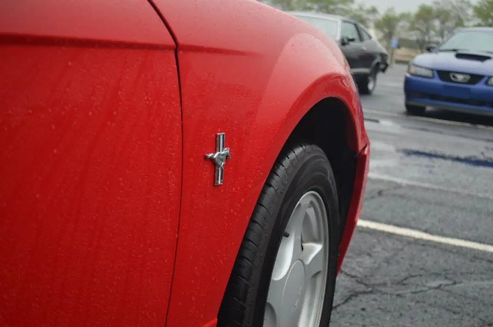 Red car with Mustang emblem