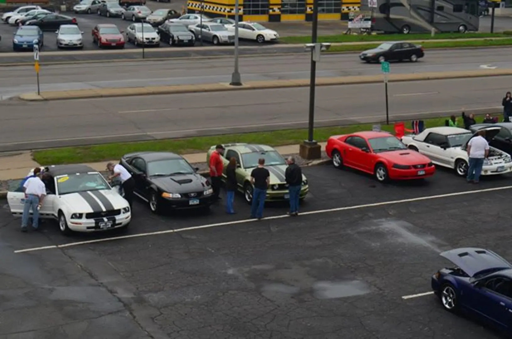 Group gathered around colorful cars