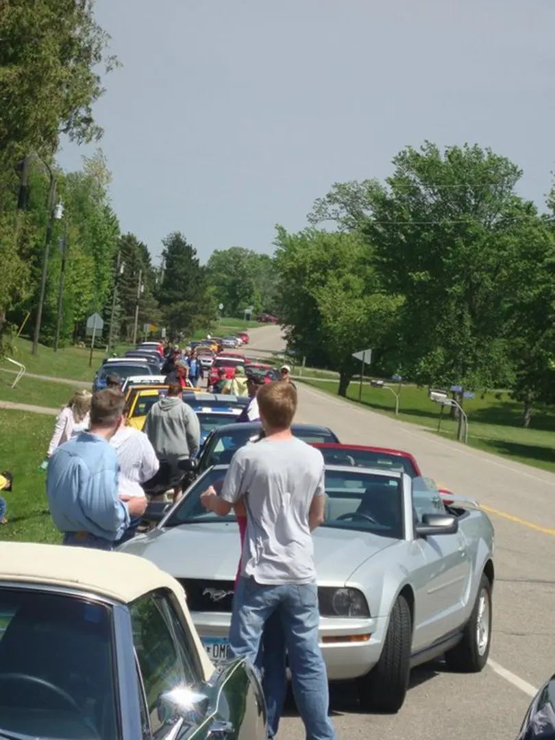 People admiring classic cars in line