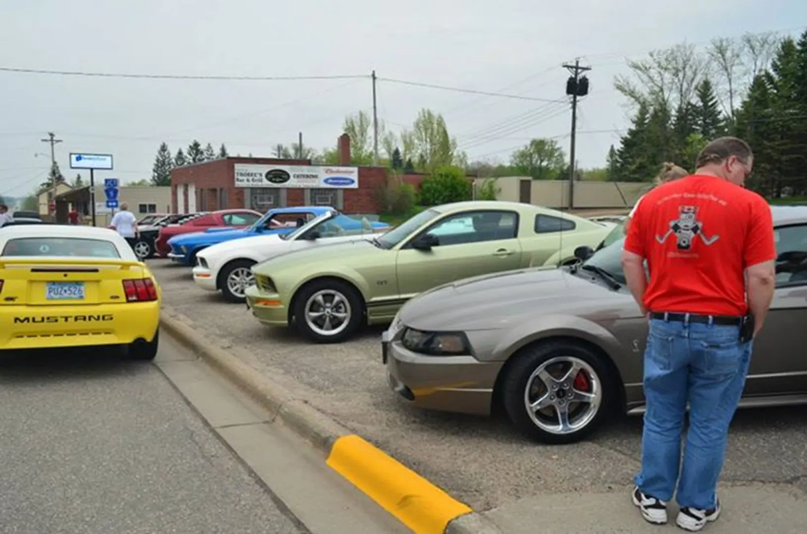 People observing parked cars on street