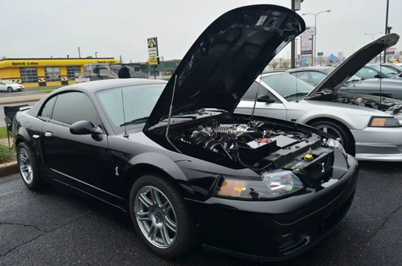 Black car engine displayed outdoors