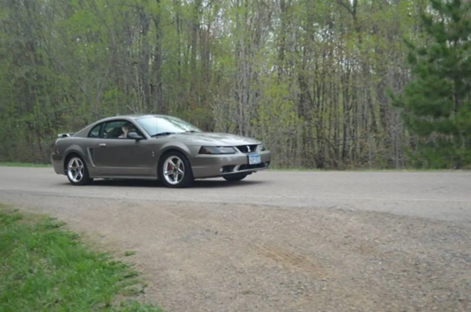 Silver car driving on forest road