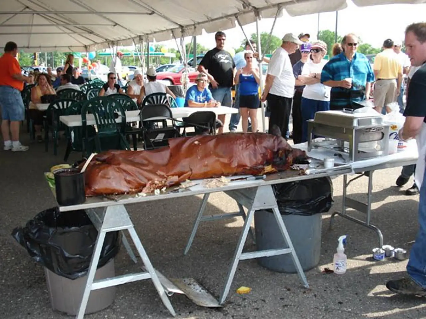 Whole roasted pig on serving table