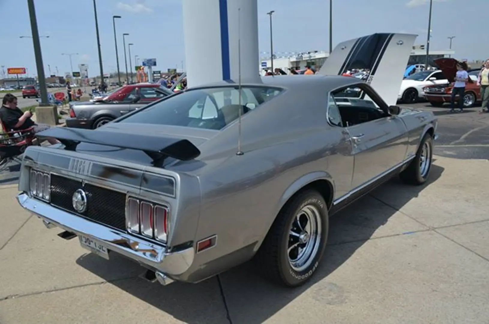 Retro car with open hood display