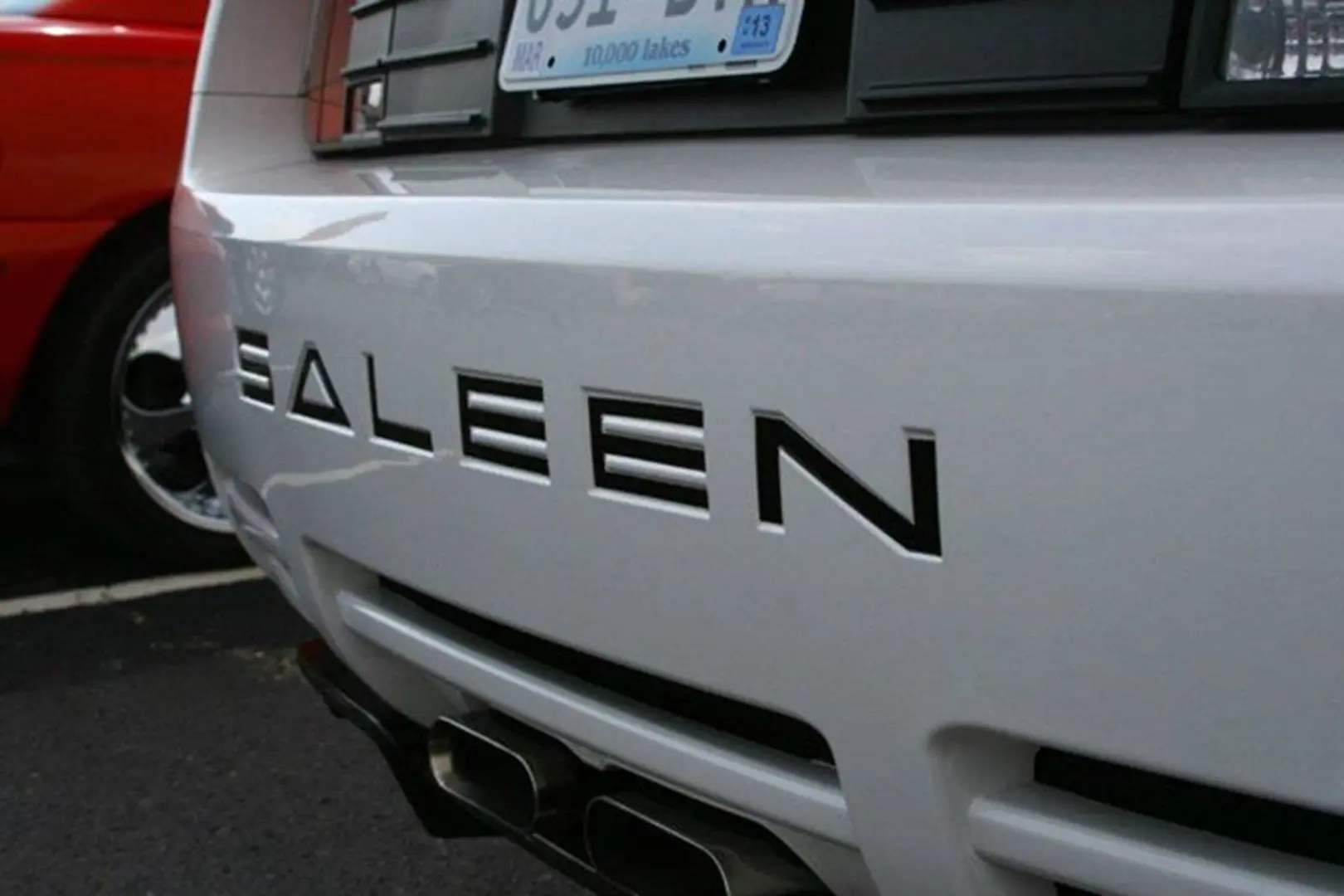 Rear view of white Saleen car