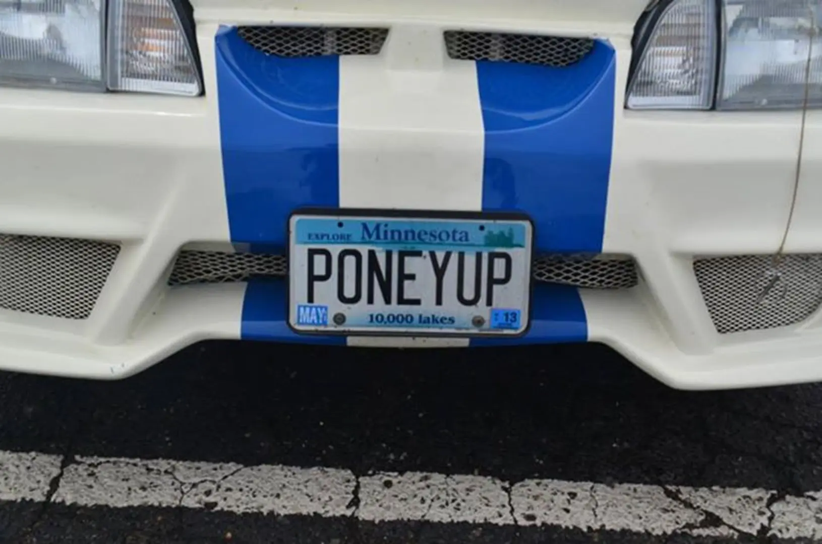 Blue-striped car front with Minnesota plate