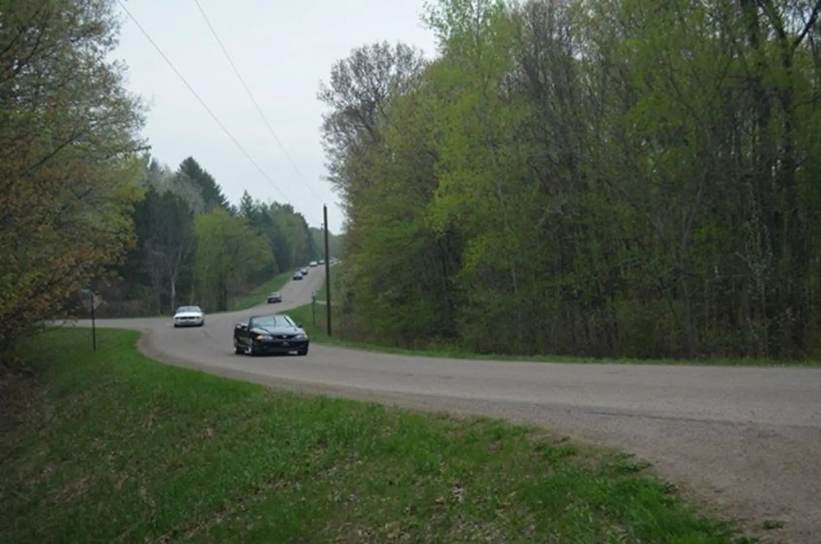 Vehicles on curvy road through trees