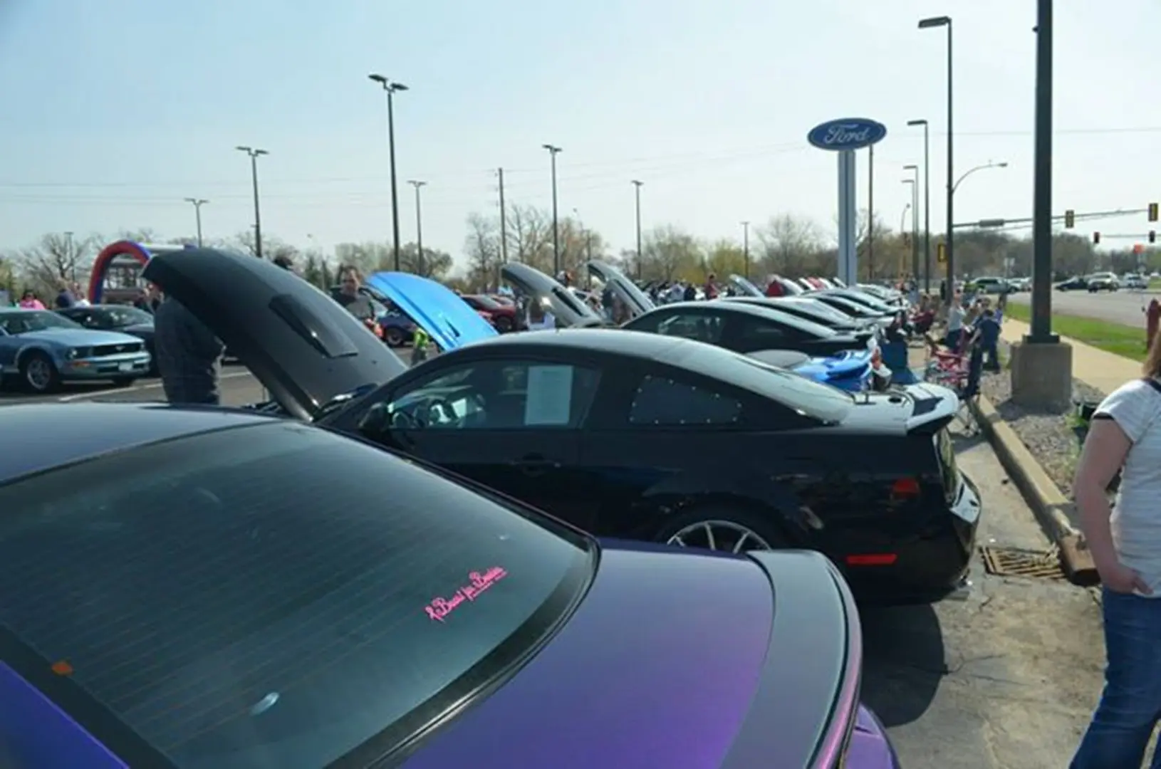Row of cars with open hoods