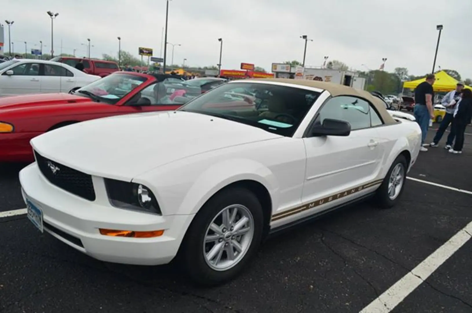 White convertible with tan roof displayed