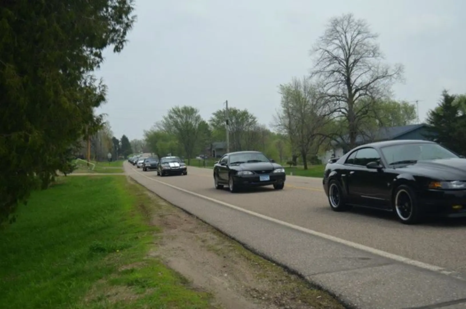 Black cars in a line on road
