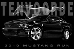 Black Mustang car with galloping horse silhouette