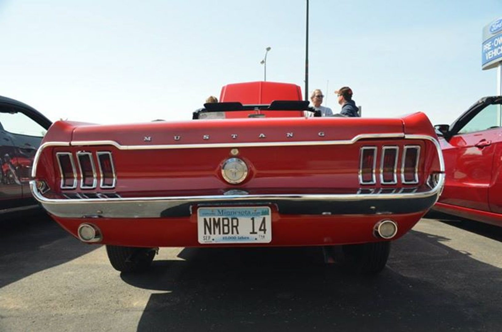 Rear of red Ford Mustang car