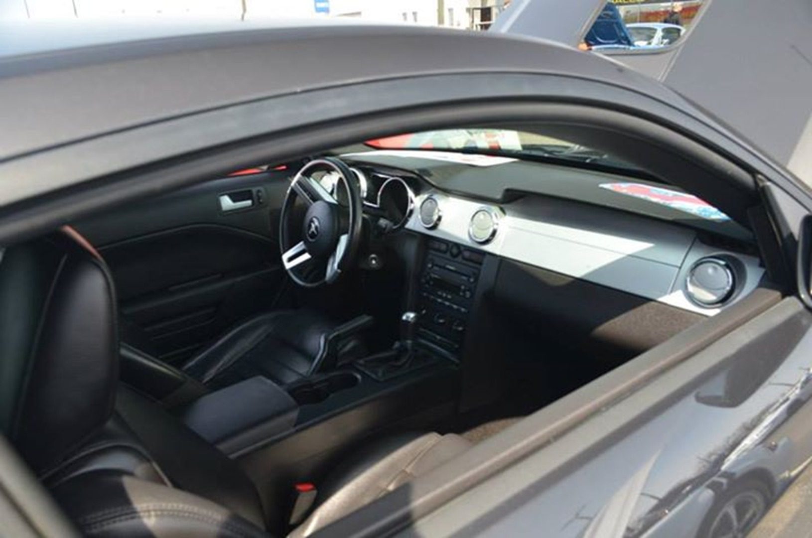 Car interior with steering wheel view